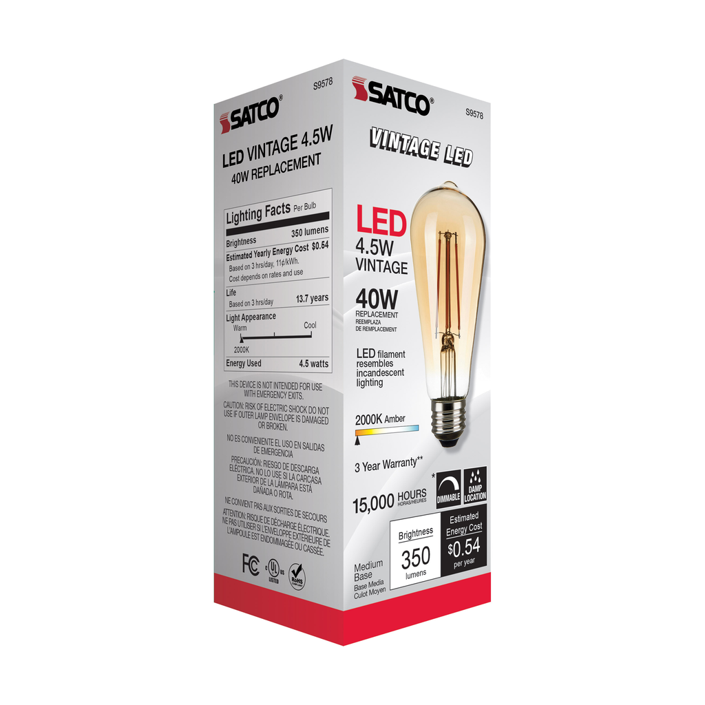 4.5 Watt ST19 LED; Transparent Amber; Medium base; 2000K; 350 Lumens; 120 Volt