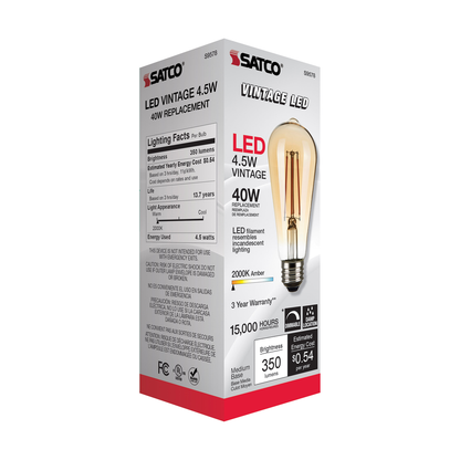 4.5 Watt ST19 LED; Transparent Amber; Medium base; 2000K; 350 Lumens; 120 Volt