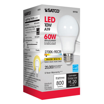 10 Watt; A19 LED; 2700K; Medium base; 220 deg. Beam Angle; 90CRI; 120 Volt
