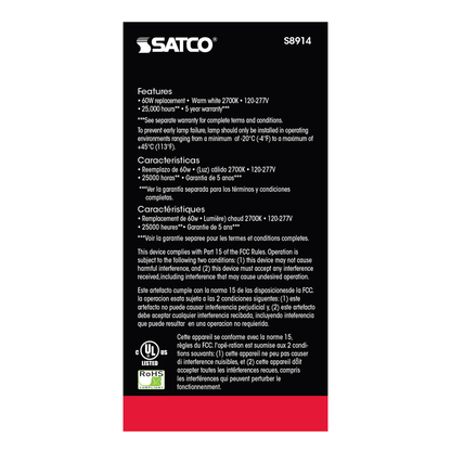8.5 Watt; A19 LED; 2700K; Medium base; 220 deg. Beam Angle; 120-277 Volt