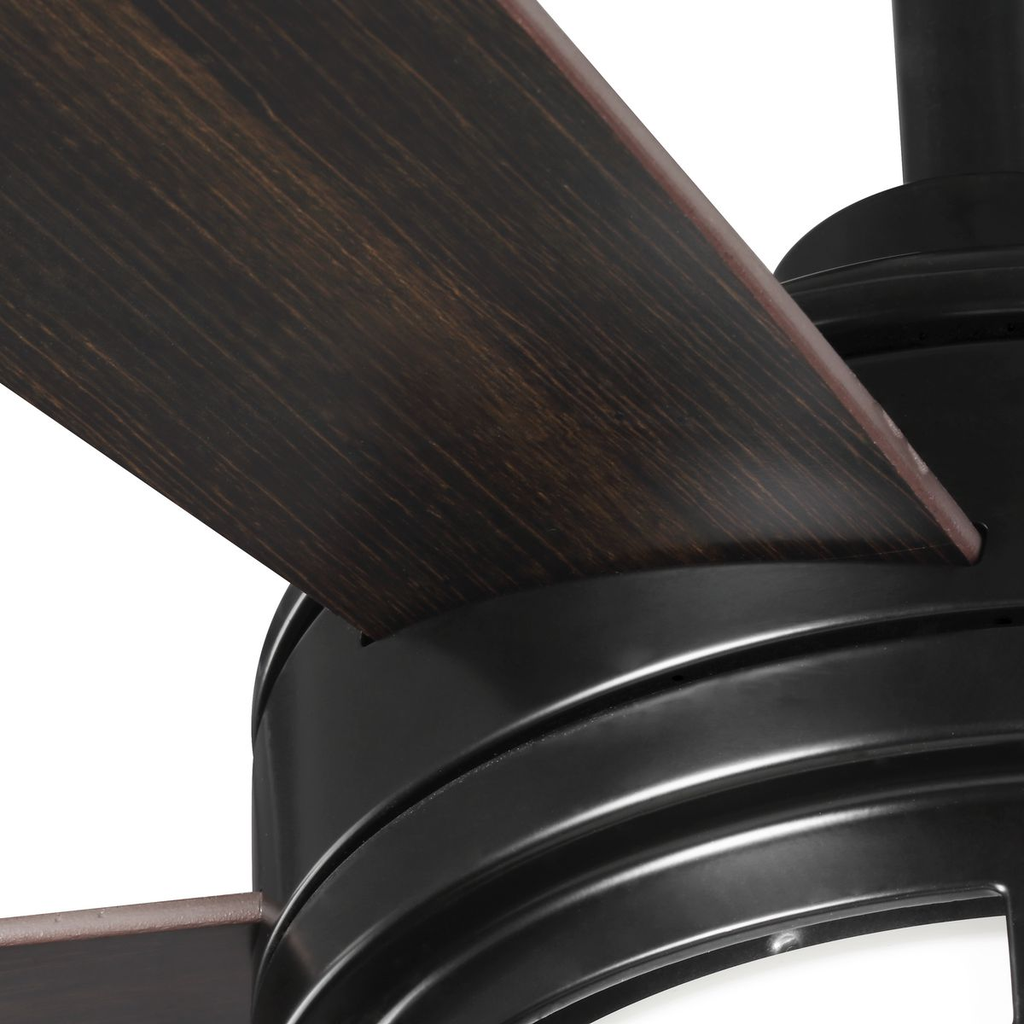 Black-finished ceiling fan with white opal shade.