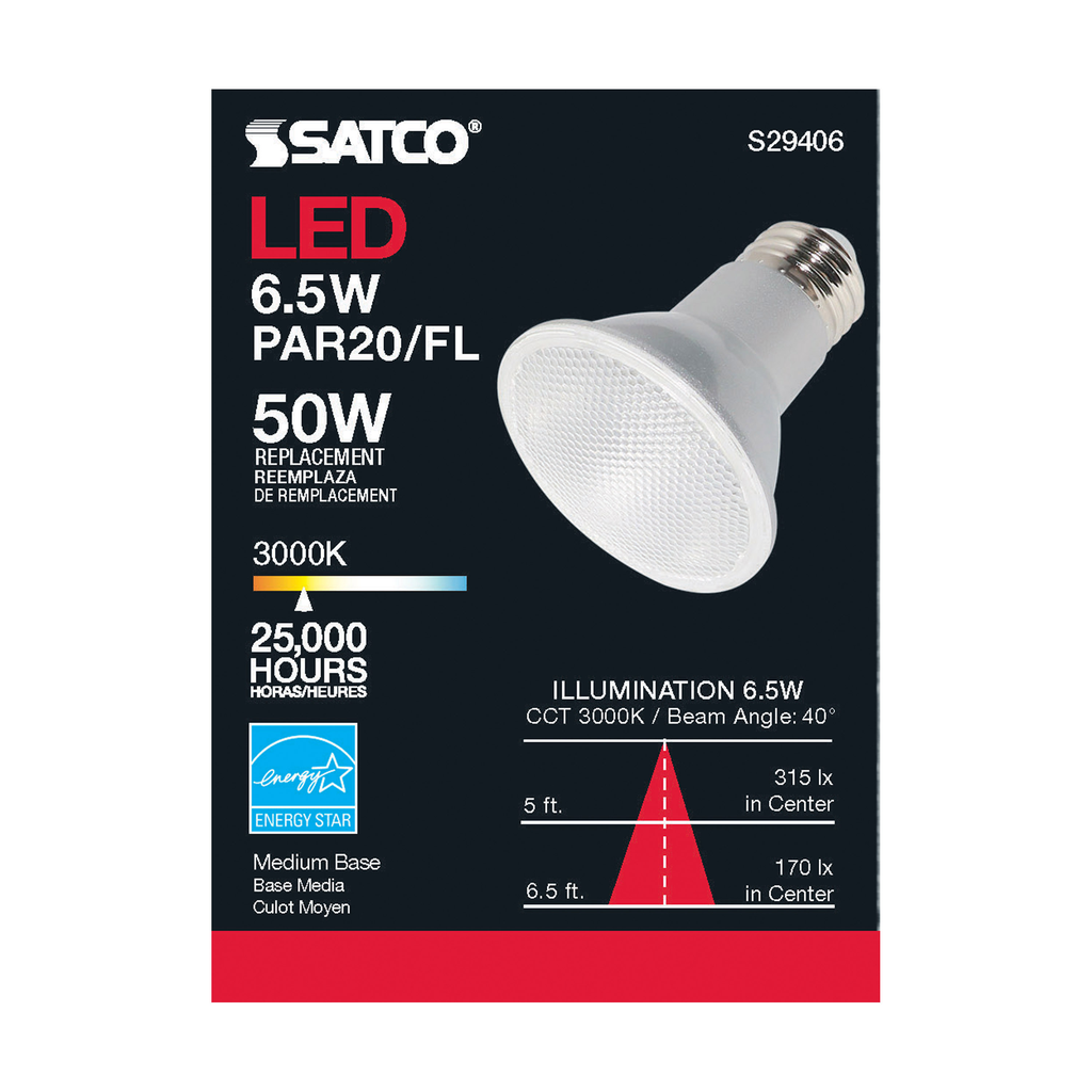 6.5 Watt; PAR20 LED; 3000K; 40 deg. Beam Angle; Medium base; 120 Volt