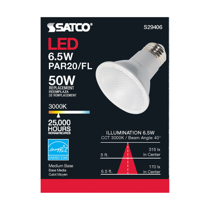 6.5 Watt; PAR20 LED; 3000K; 40 deg. Beam Angle; Medium base; 120 Volt