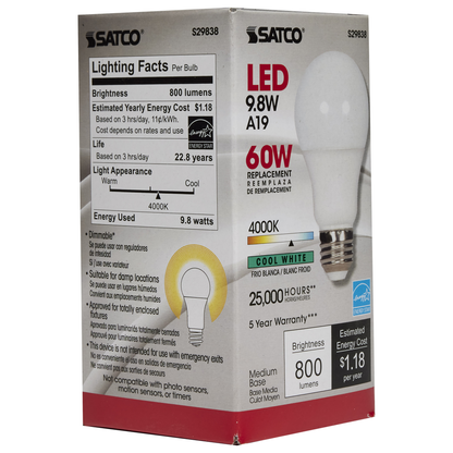 9.8 Watt; A19 LED; 4000K; Medium base; 220 deg. Beam Angle; 120 Volt