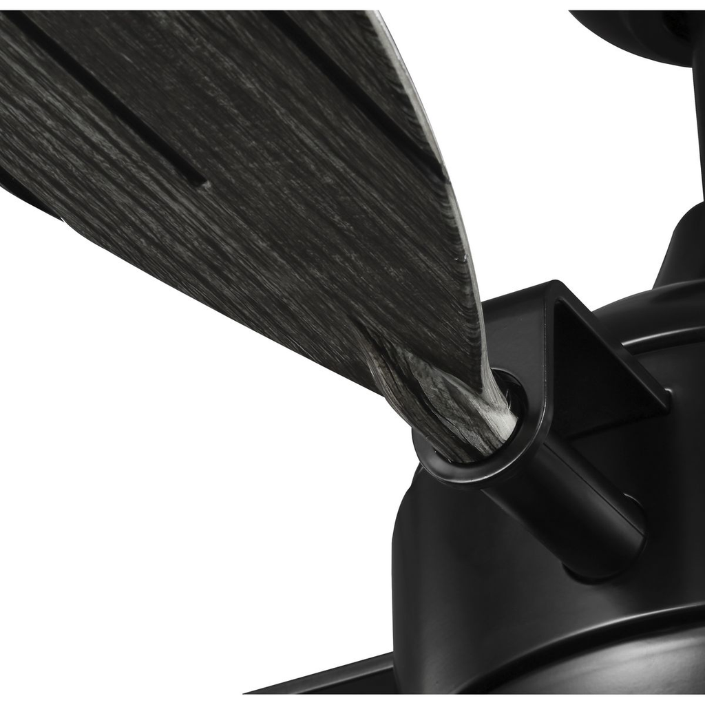 Black-finished ceiling fan with opal shade.