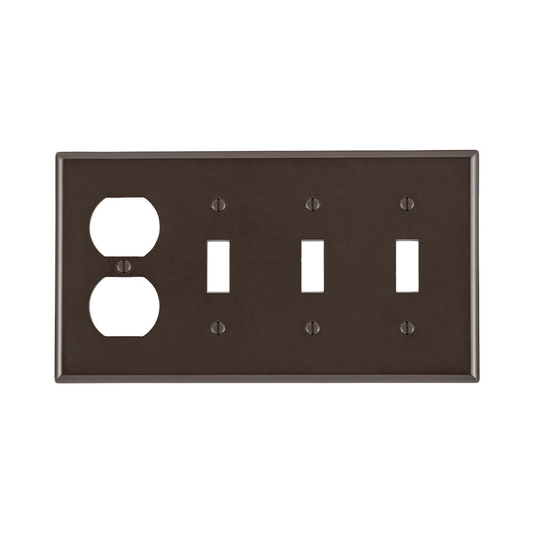 4-Gang Combination Wallplate, 3-Toggle and 1-Duplex Outlet/Receptacle, Standard Size, Brown