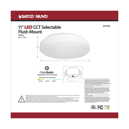 11 inch, Acrylic Round, Flush Mounted, LED Light Fixture, CCT Selectable, White Finish, 120V
