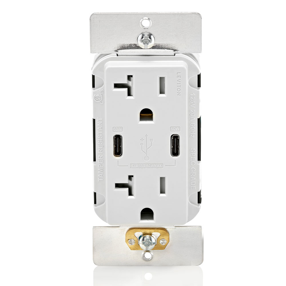 60W (6A) USB Dual Type-C/C Power Delivery Wall Outlet Charger with 20A Tamper-Resistant Outlet