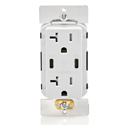 60W (6A) USB Dual Type-C/C Power Delivery Wall Outlet Charger with 20A Tamper-Resistant Outlet