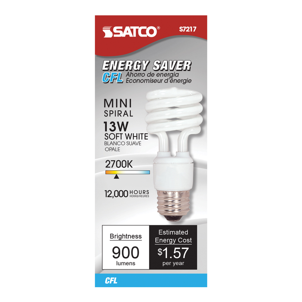 13 Watt; Mini Spiral Compact Fluorescent; 2700K; 82 CRI; Medium base; 120 Volt