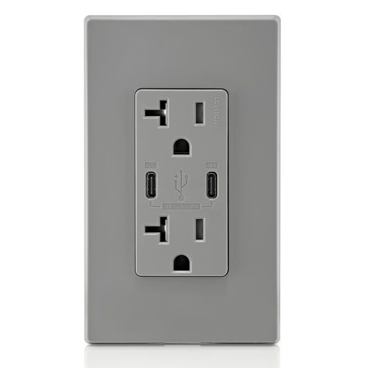 30W (6A) USB Dual Type-C/C Power Delivery Wall Outlet Charger with 20A Tamper-Resistant Outlet