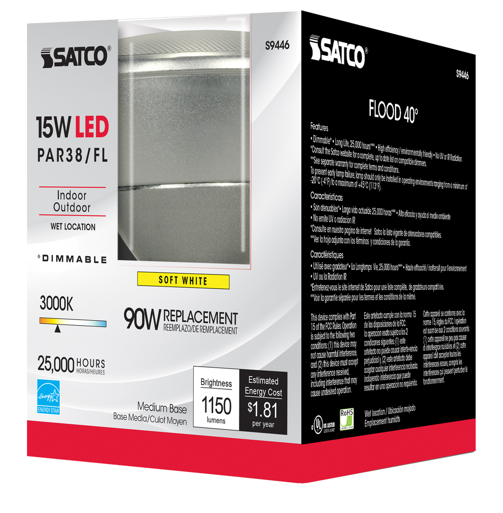 15 Watt PAR38 LED; 3000K; 40 deg. Beam Angle; Medium base; 120 Volt