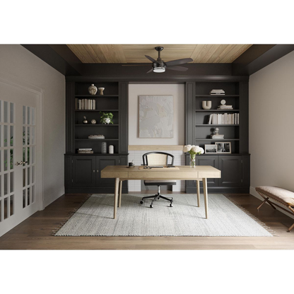 Black-finished ceiling fan with white opal shade.