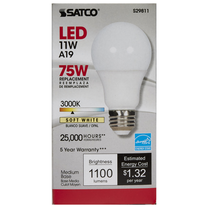 11 Watt; A19 LED; 3000K; Medium base; 220 deg. Beam Angle; 120 Volt