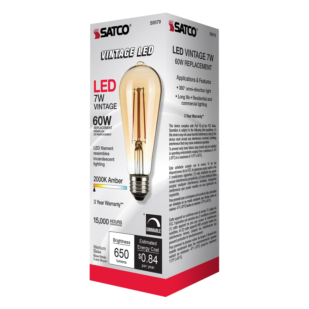 7 Watt ST19 LED; Transparent Amber; Medium base; 2000K; 650 Lumens; 120 Volt
