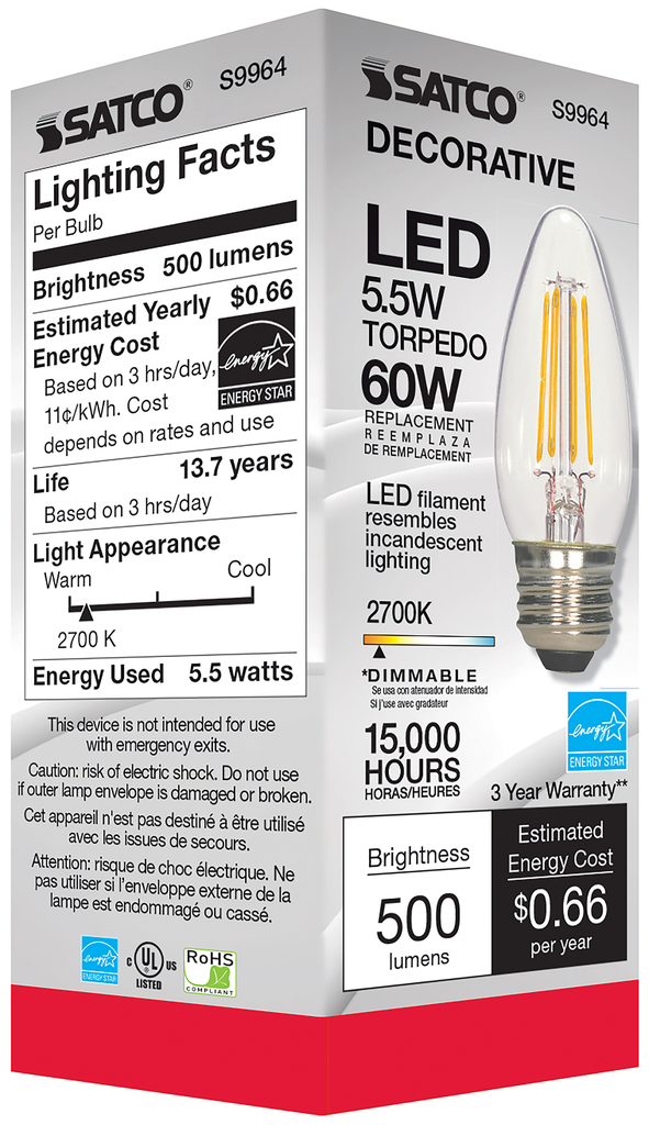 5.5 Watt B11 LED; Clear; Medium base; 2700K; 500 Lumens; 120 Volt