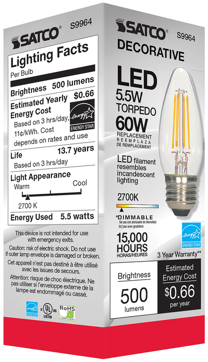 5.5 Watt B11 LED; Clear; Medium base; 2700K; 500 Lumens; 120 Volt
