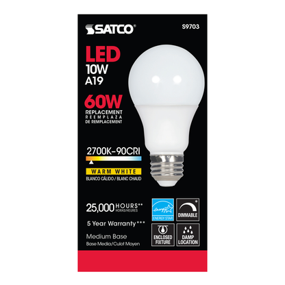 10 Watt; A19 LED; 2700K; Medium base; 220 deg. Beam Angle; 90CRI; 120 Volt