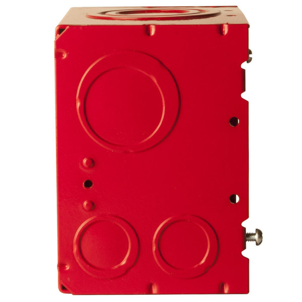 4-11/16 in. Life Safety Square Box, Welded, 3-1/4 in. Deep, (4) 1/2 in.- 3/4 in. TKO; (2) 1 in. - 1-1/4 in. TKO; (2) 1 in. - 2 in. Concentric KO; and (2) 3/4 in. - 1 in. TKO; (2) 1/2 in. KO, Red