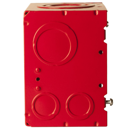 4-11/16 in. Life Safety Square Box, Welded, 3-1/4 in. Deep, (4) 1/2 in.- 3/4 in. TKO; (2) 1 in. - 1-1/4 in. TKO; (2) 1 in. - 2 in. Concentric KO; and (2) 3/4 in. - 1 in. TKO; (2) 1/2 in. KO, Red
