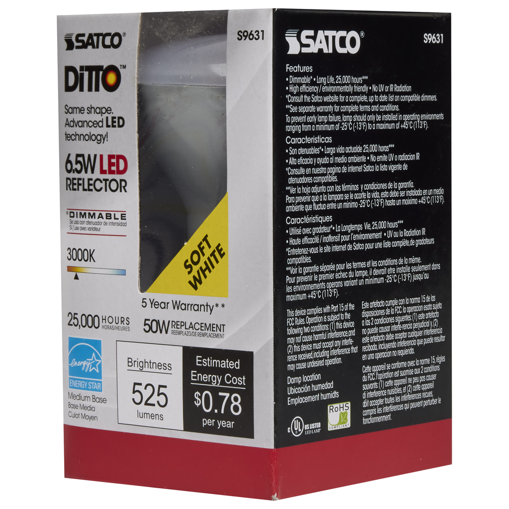 6.5 Watt; LED R20; 3000K; 107 deg. Beam Angle; Medium base; 120 Volt; Dimmable