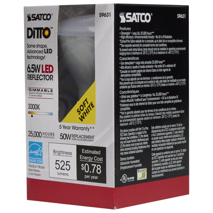 6.5 Watt; LED R20; 3000K; 107 deg. Beam Angle; Medium base; 120 Volt; Dimmable