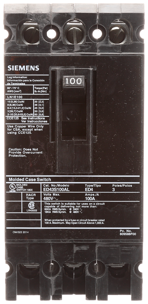 BREAKER ED 3P 100A 480V 18KA SW LUGS
