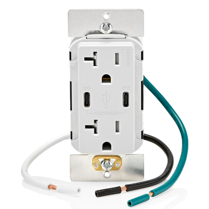 60W (6A) USB Dual Type-C/C Power Delivery Wall Outlet Charger with 20A Tamper-Resistant Outlet