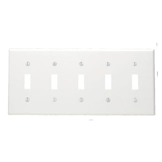 5-Gang Toggle Switch Wallplate, Standard Size, Thermoplastic Nylon, White
