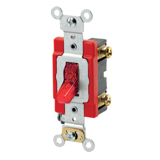 20 Amp, 277 Volt, Toggle Pilot Light - Illuminated ON - Req. Neutral Single-Pole AC Quiet Switch, Industrial Grade, Self Grounding, Back & Side Wired, - Red