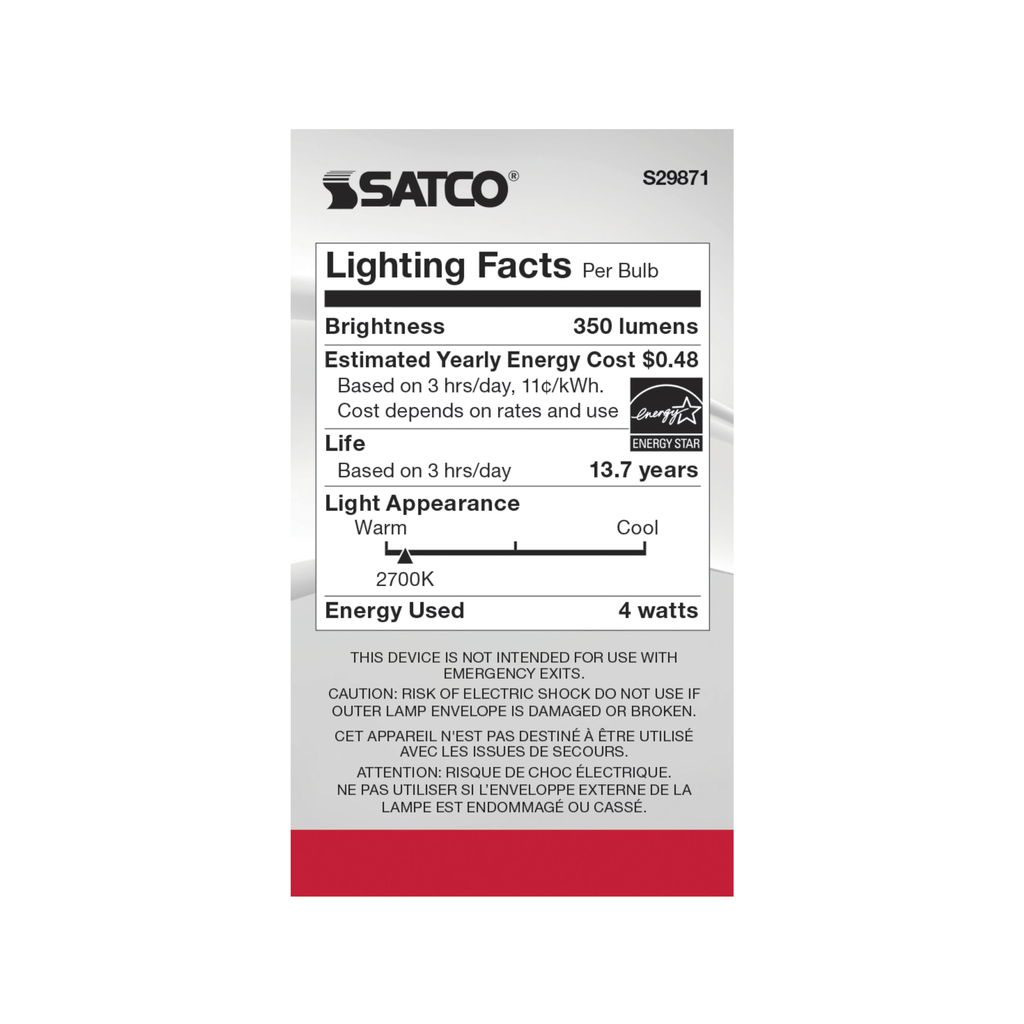 4 Watt G16 1/2 LED; Clear; Candelabra base; 2700K; 350 Lumens; 120 Volt