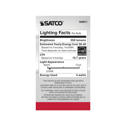 4 Watt G16 1/2 LED; Clear; Candelabra base; 2700K; 350 Lumens; 120 Volt