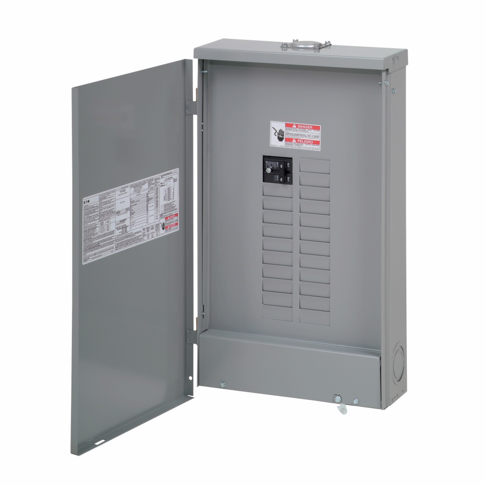 BR style 1-inch loadcenter, main circuit breaker, no feed-thru lugs, 100A, single-phase, 24-pole, 24 circuits, 20 spaces, 120/240V, #4-1/0 AWG Cu/Al at 60°C or 75°C wire, NEMA 3R enclosure, c3r box size