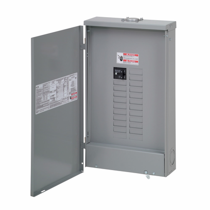 BR style 1-inch loadcenter, main circuit breaker, no feed-thru lugs, 100A, single-phase, 24-pole, 24 circuits, 20 spaces, 120/240V, #4-1/0 AWG Cu/Al at 60°C or 75°C wire, NEMA 3R enclosure, c3r box size