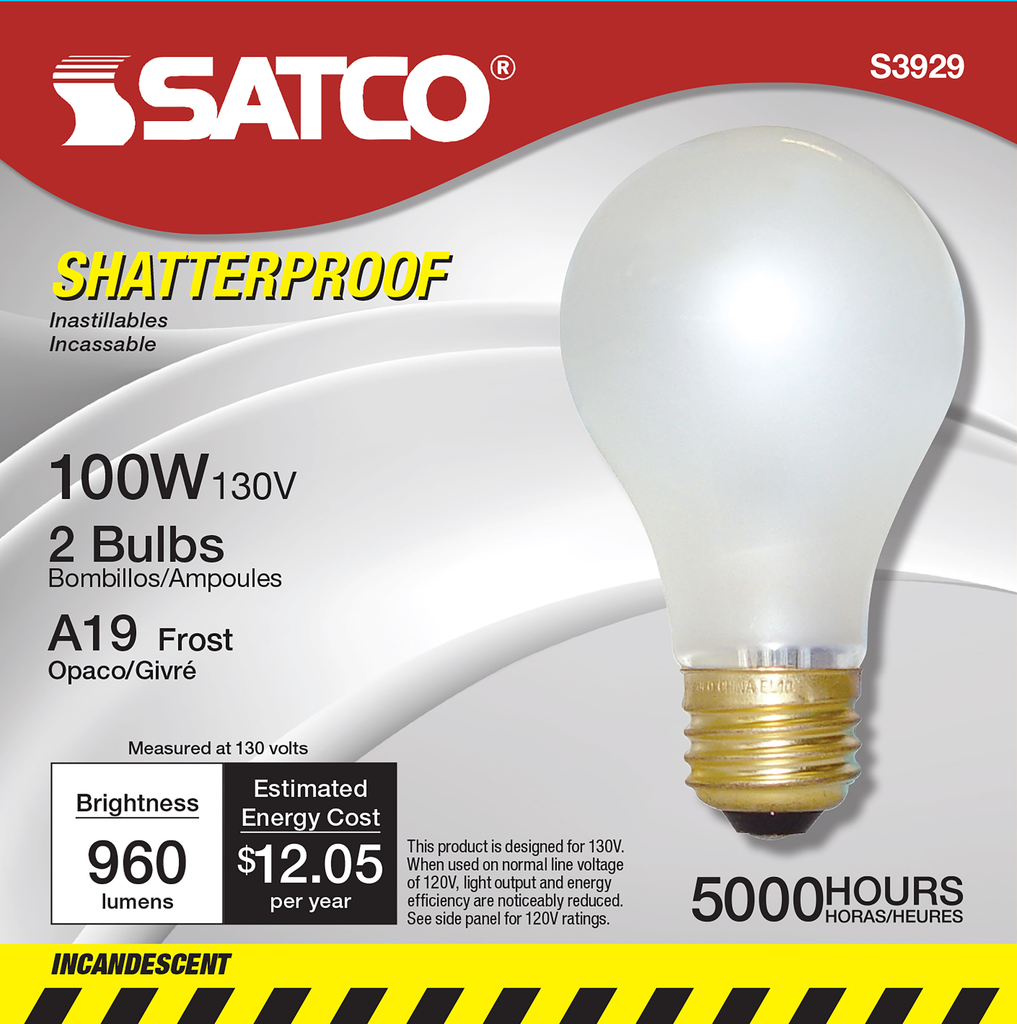 100 Watt A19 Incandescent; Frost; 5000 Average rated hours; 960 Lumens; Medium base; 130 Volt; Shatter Proof; 2/Pack