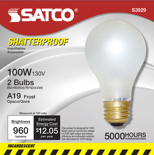 100 Watt A19 Incandescent; Frost; 5000 Average rated hours; 960 Lumens; Medium base; 130 Volt; Shatter Proof; 2/Pack