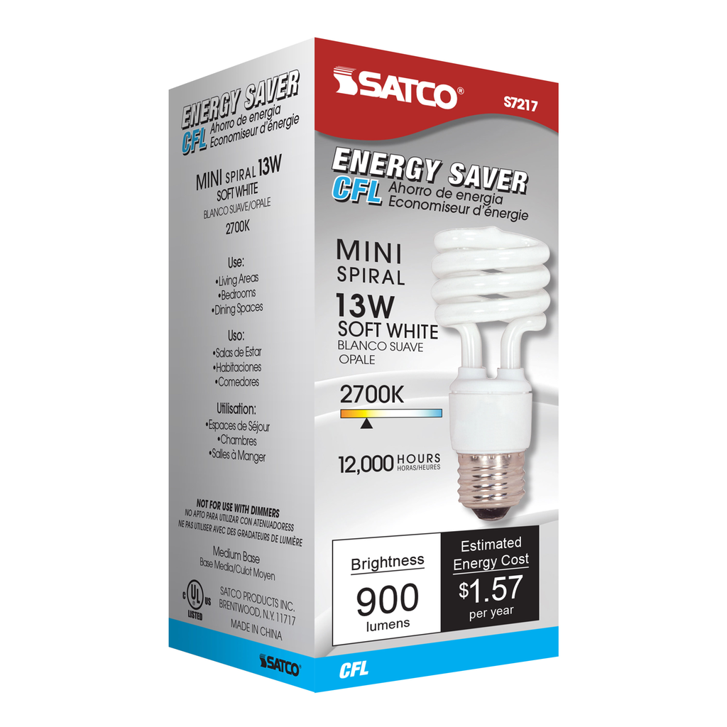 13 Watt; Mini Spiral Compact Fluorescent; 2700K; 82 CRI; Medium base; 120 Volt