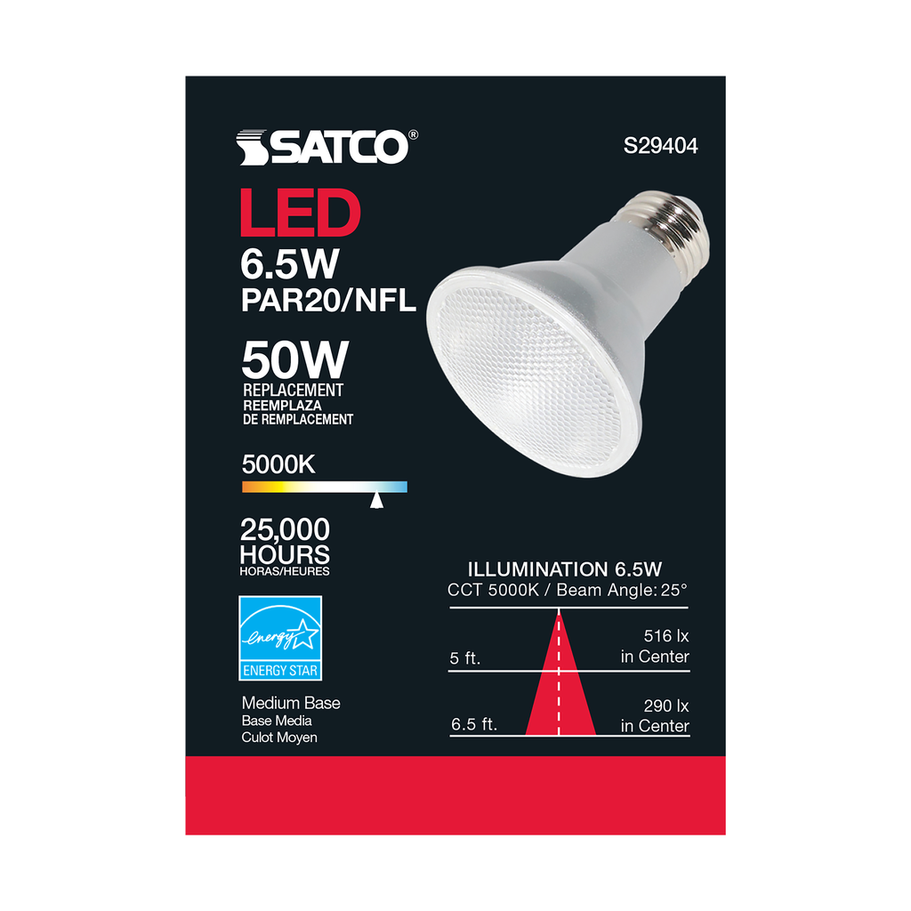 6.5 Watt; PAR20 LED; 5000K; 25 deg. Beam Angle; Medium base; 120 Volt