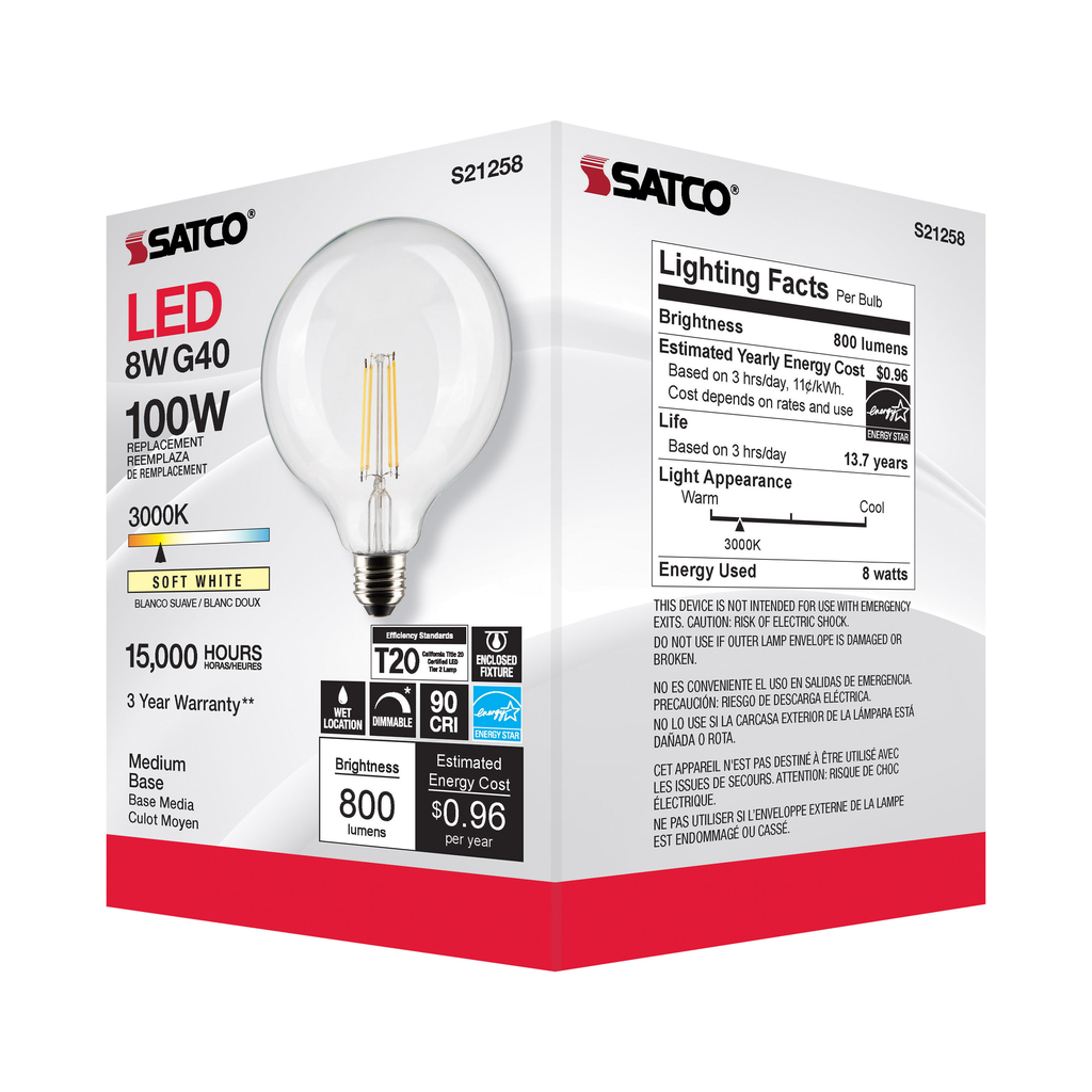 8 Watt G40 LED; Clear; Medium base; 90 CRI; 3000K; 120 Volt