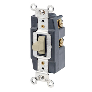 15 Amp, 120/277 Volt, Toggle Double-Throw Ctr-OFF Maintained Contact Single-Pole AC Quiet Switch, Extra Heavy Duty Spec Grade, Grounding, Back & Side Wired, - Ivory