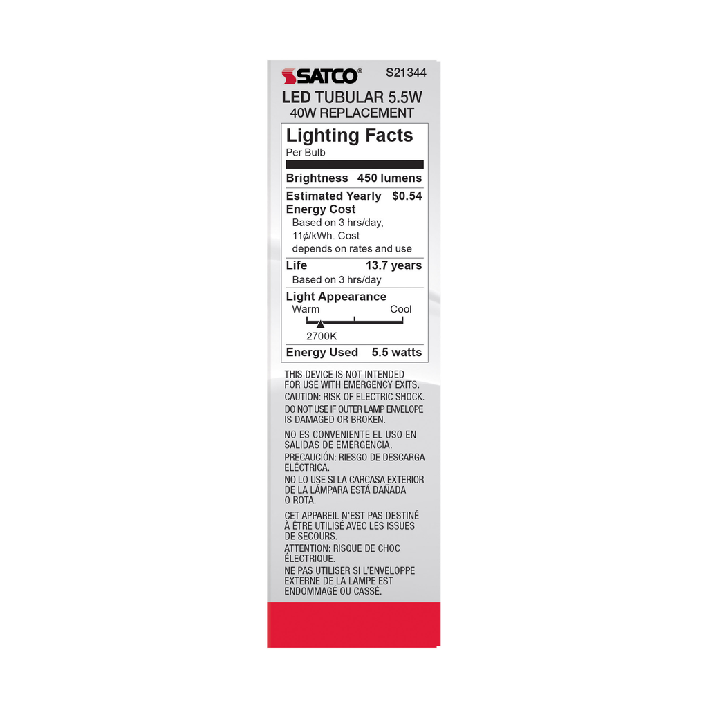 5.5 Watt T10 LED; Clear; Medium base; 90 CRI; 2700K; 120 Volt