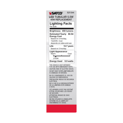 5.5 Watt T10 LED; Clear; Medium base; 90 CRI; 2700K; 120 Volt