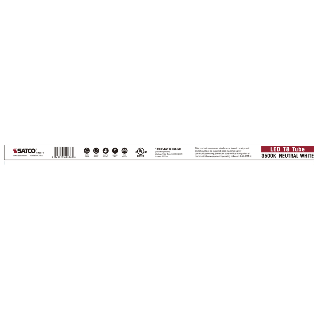 14 Watt; 4 Foot LED T8; Medium Bi Pin base; 3500K; 50000 Average rated hours; 2200 Lumens; Type A; Ballast dependent