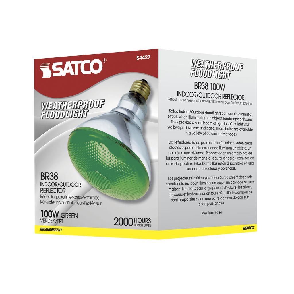 100 Watt BR38 Incandescent; Green; 2000 Average rated hours; Medium base; 120 Volt