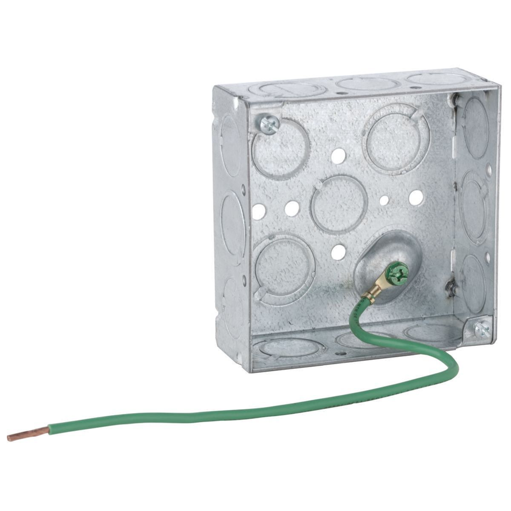 4 in. Square Box, Welded, 1-1/2 in. Deep with Ten 1/2 and Six TKO's, Raised Ground, with 10 inch #12 Stranded Copper Pigtail