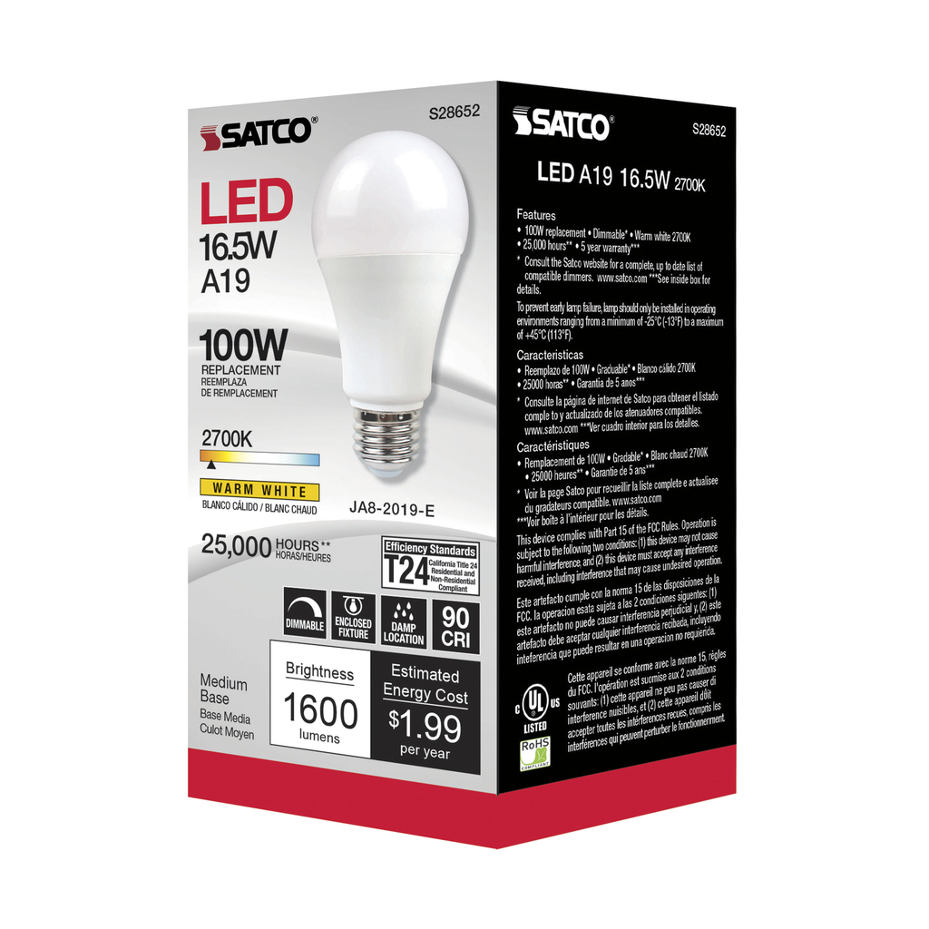 16.5 Watt; A19 LED; 90CRI; 2700K; Medium base; 220 deg. Beam Angle; 120 Volt; 1600 Lumens; CEC