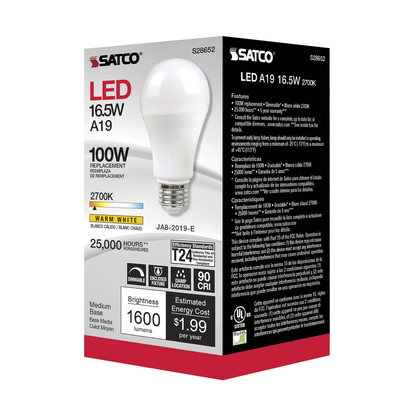 16.5 Watt; A19 LED; 90CRI; 2700K; Medium base; 220 deg. Beam Angle; 120 Volt; 1600 Lumens; CEC