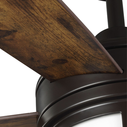 Architectural bronze-finished ceiling fan with white opal shade.