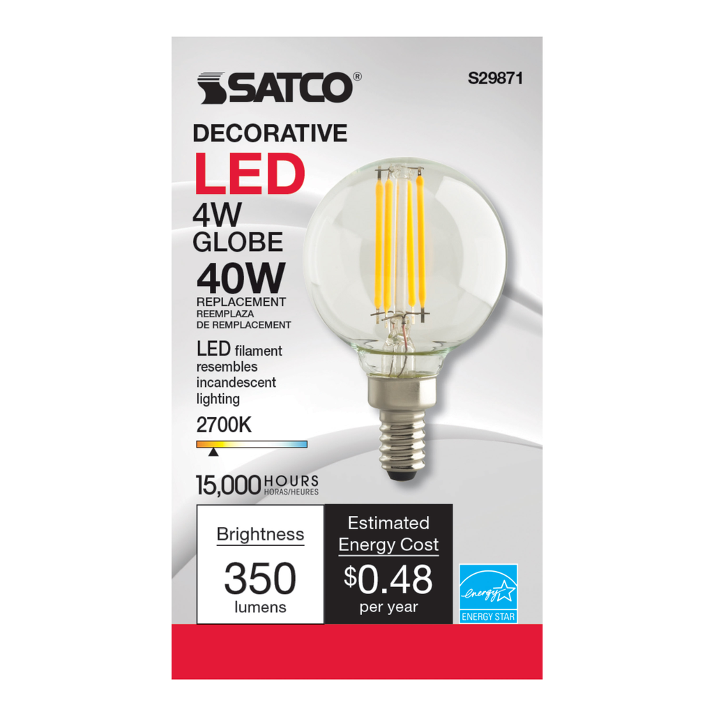 4 Watt G16 1/2 LED; Clear; Candelabra base; 2700K; 350 Lumens; 120 Volt