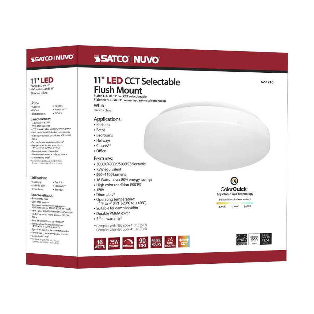 11 inch, Acrylic Round, Flush Mounted, LED Light Fixture, CCT Selectable, White Finish, 120V